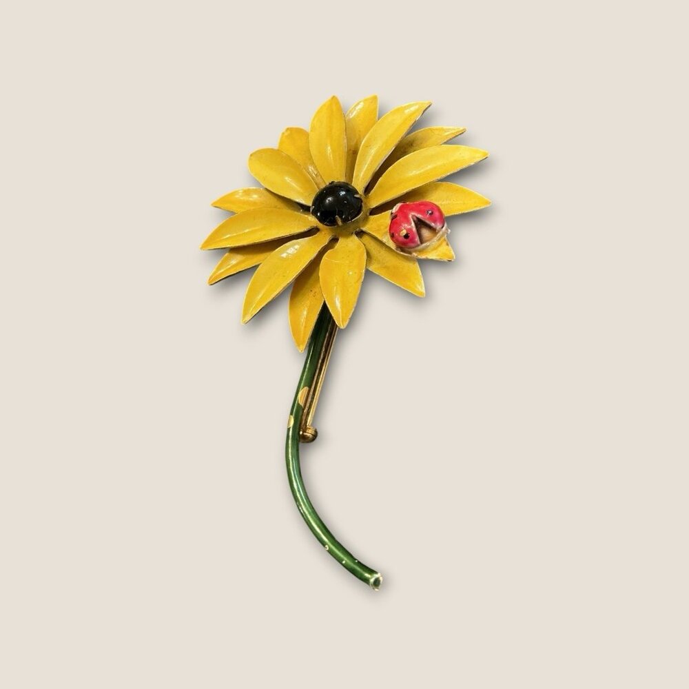 Estate Vintage Original by Robert Metal Yellow Flower Ladybug Brooch Pin 3.5” - Picture 2 of 5